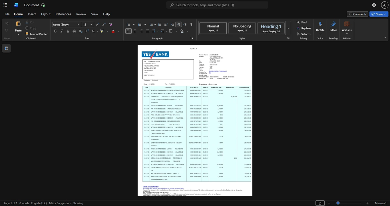 India Yes Bank Bank Statement Template, Quick edit digital asset in Word and PDF