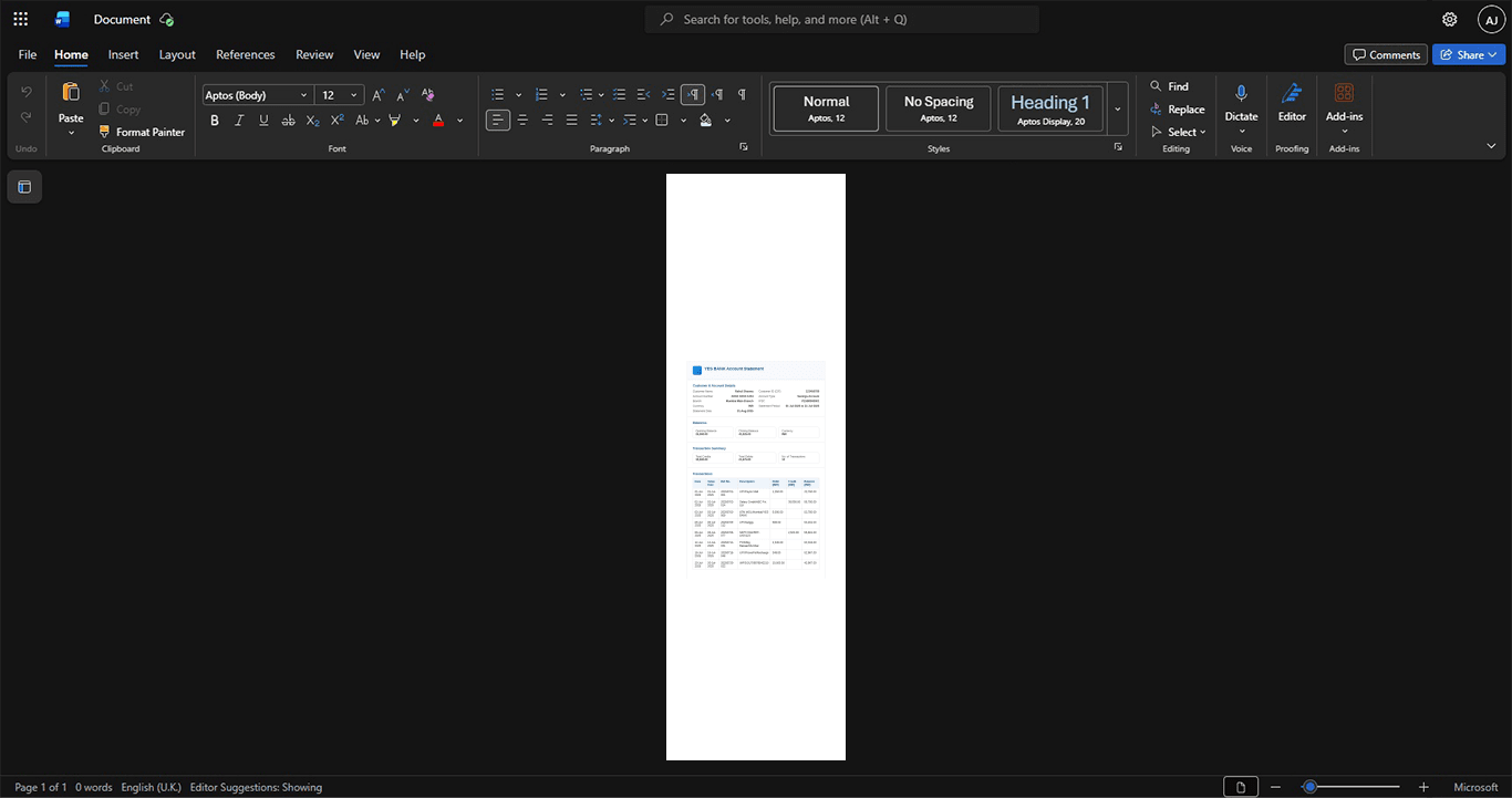 India Yes Bank Bank Statement Template, Digital download file preview