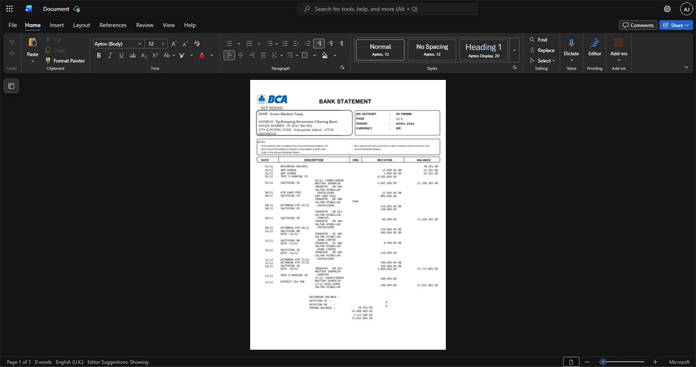 Indonesia Bank Central Asia BCA Bank Statement Template, Clean typography design in Word and PDF format