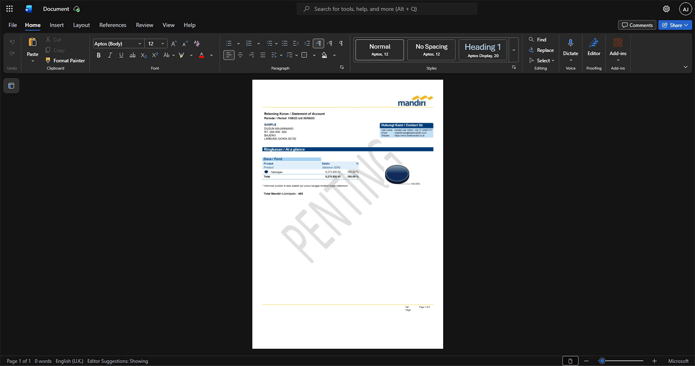 Indonesia Bank Mandiri Bank Statement Template, Print-ready in PDF layout
