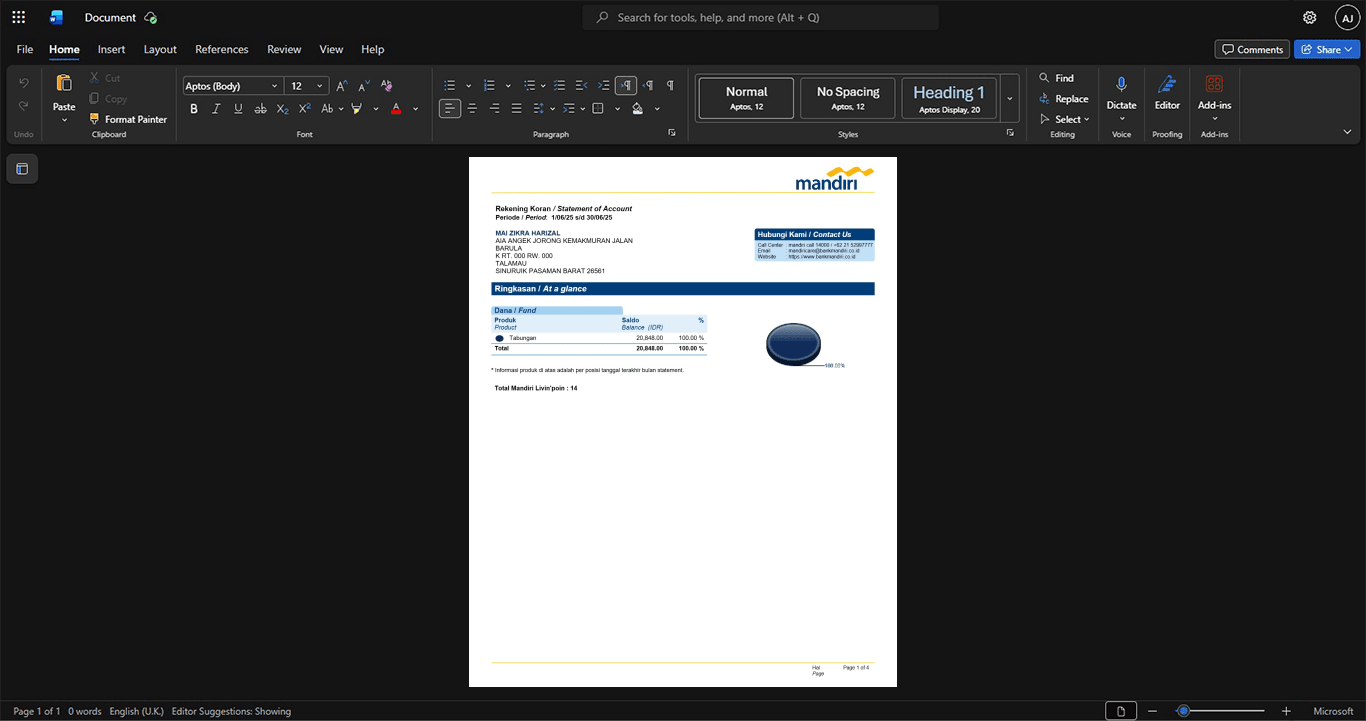Indonesia Bank Mandiri Bank Statement Template, Ready to print in Word and PDF format