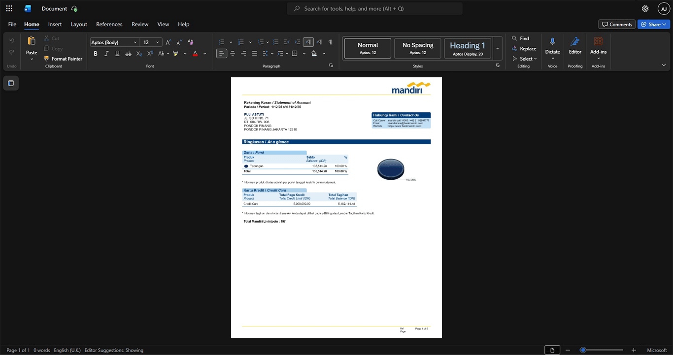 Indonesia Bank Mandiri Bank Statement Template, Standard layout in DOCX and PDF