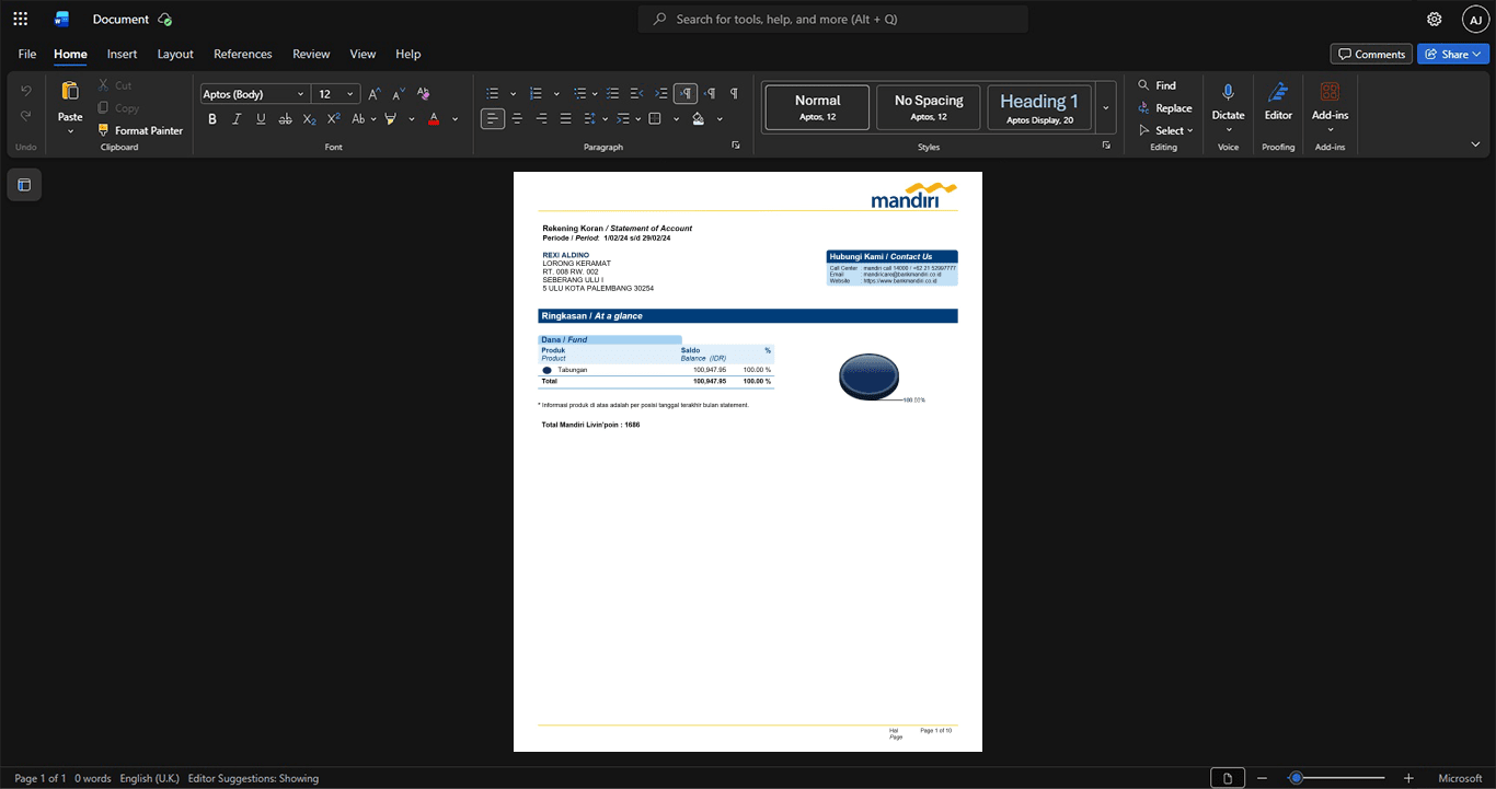 Indonesia Bank Mandiri Bank Statement Template, Digital download file preview
