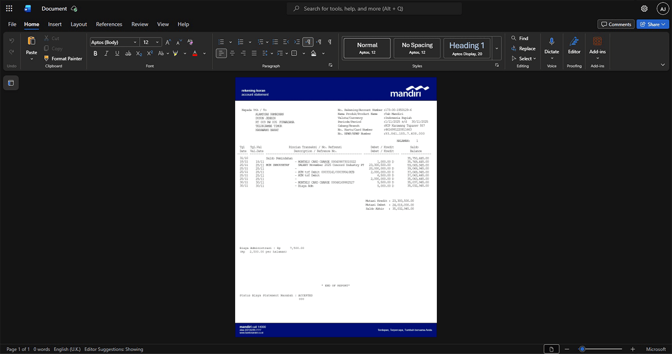 Indonesia Bank Mandiri Bank Statement Template, Easily modifiable Word and PDF format
