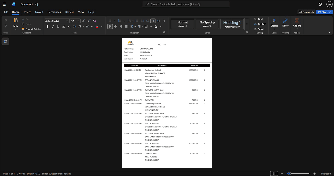 Indonesia Bank Negara Indonesia BNI Bank Statement Template, Corporate style document in Word and PDF formats