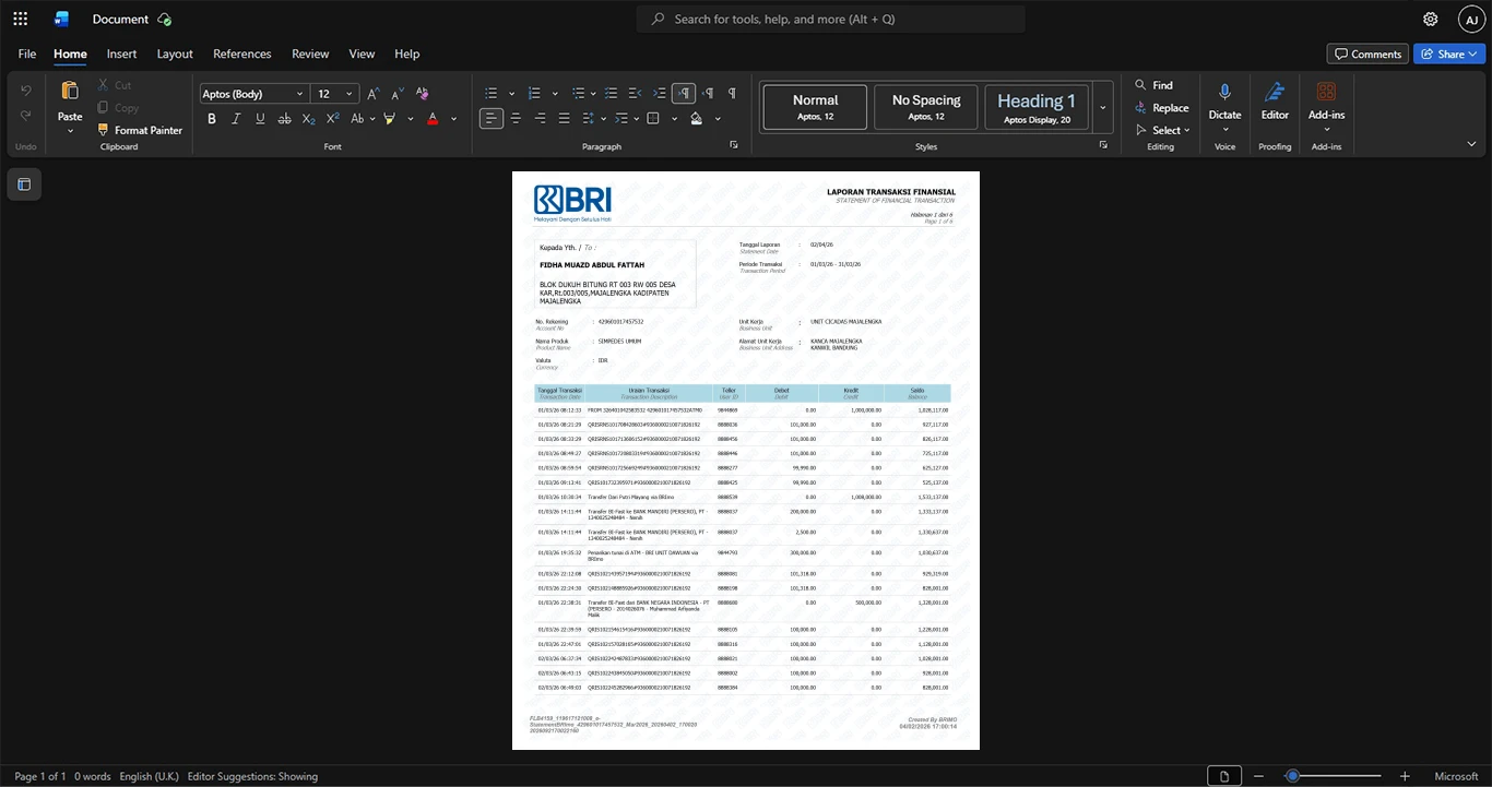 Indonesia Bank Rakyat Indonesia BRI Credit Card Statement Template, Professional document in Word and PDF format
