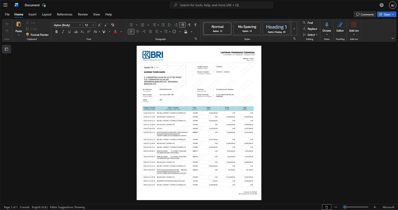 Indonesia Bank Rakyat Indonesia BRI Generic Financial Statement Template, Ready to use template in Word and PDF