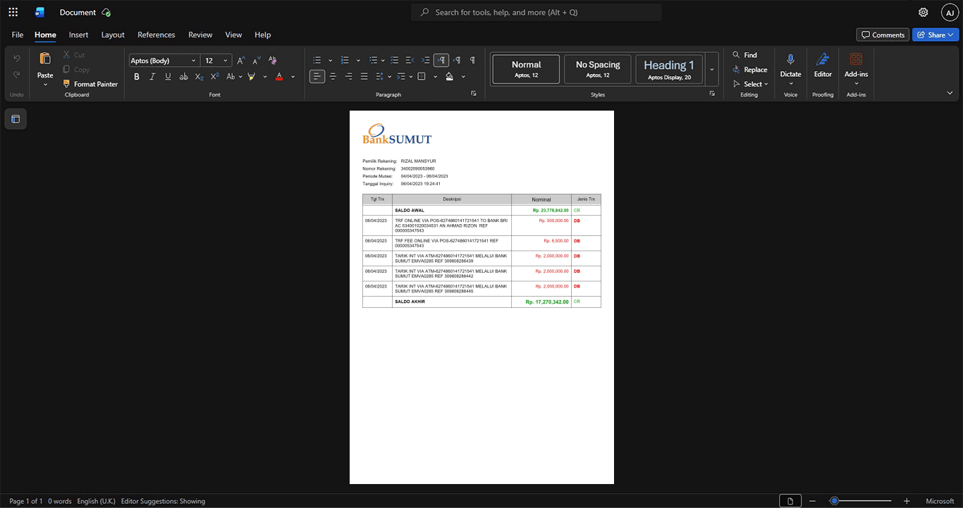 Indonesia Bank Sumut Bank Statement Template, Quick edit digital asset in Word and PDF