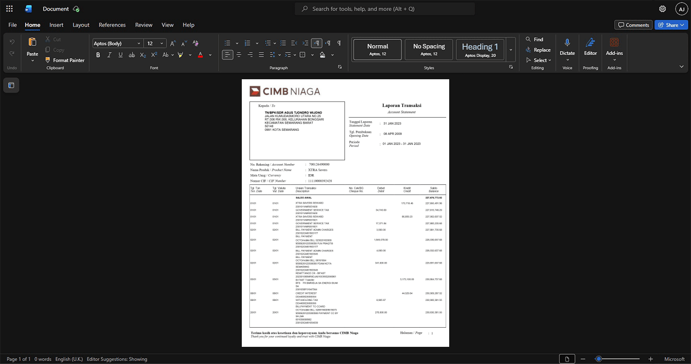 Indonesia CIMB Niaga Bank Statement Template, Digital download template in Word and PDF