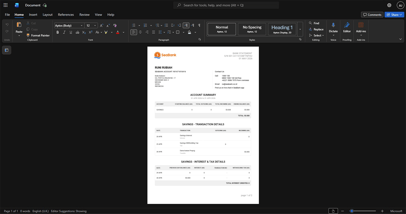 Indonesia Mandiri Bank Bank Statement Template, Fully editable Word and PDF format