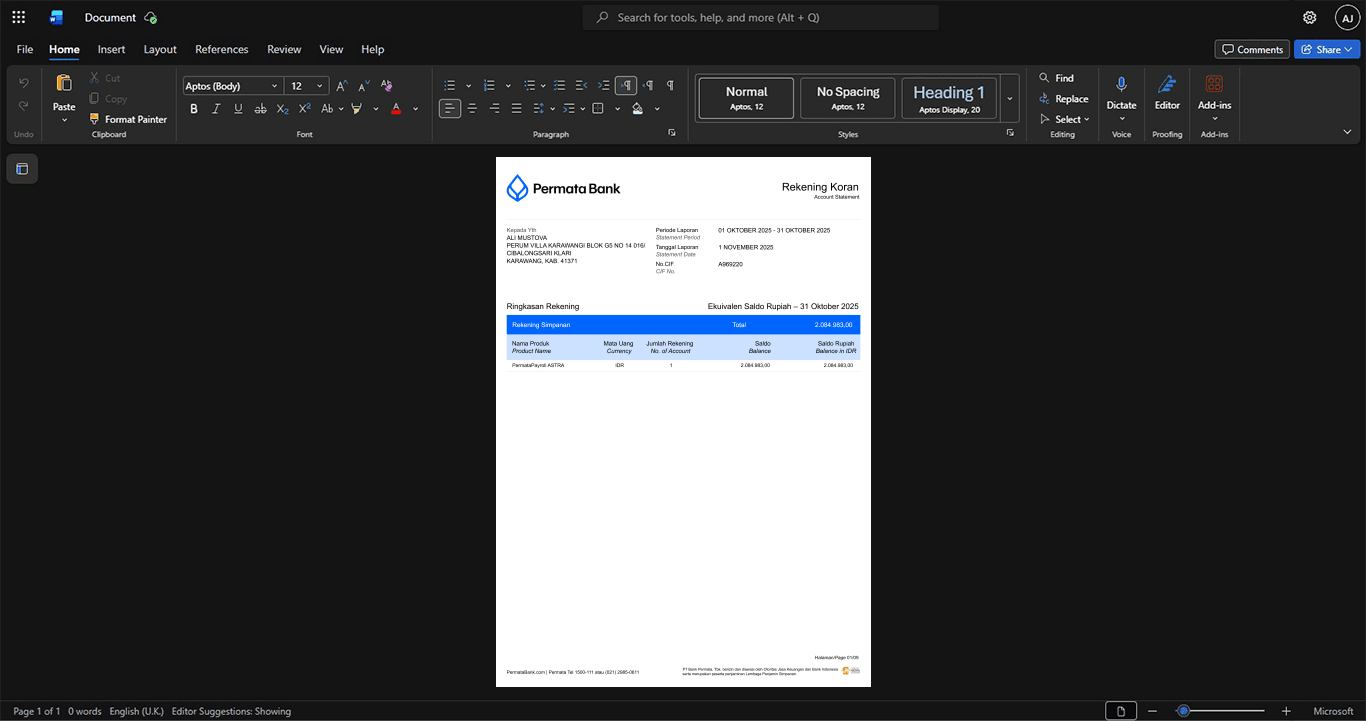 Indonesia Permata Bank Bank Statement Template, Easily modifiable Word and PDF format