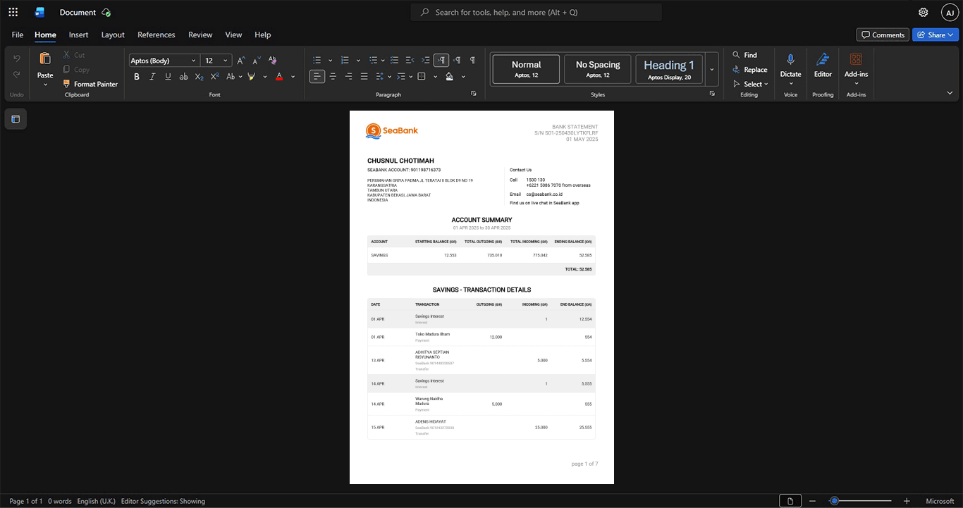 Indonesia SeaBank Bank Statement Template, Standard layout in DOCX and PDF
