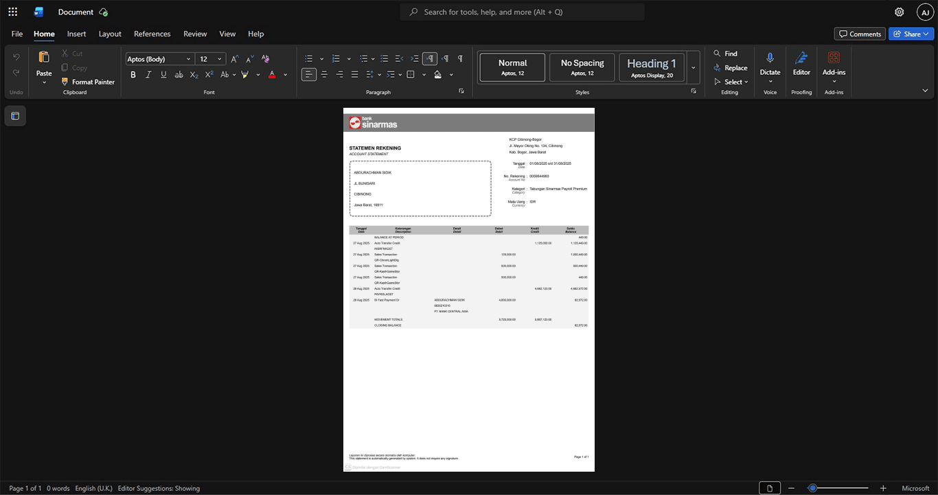 Indonesia Sinarmas Bank Bank Statement Template, Corporate style document in Word and PDF formats