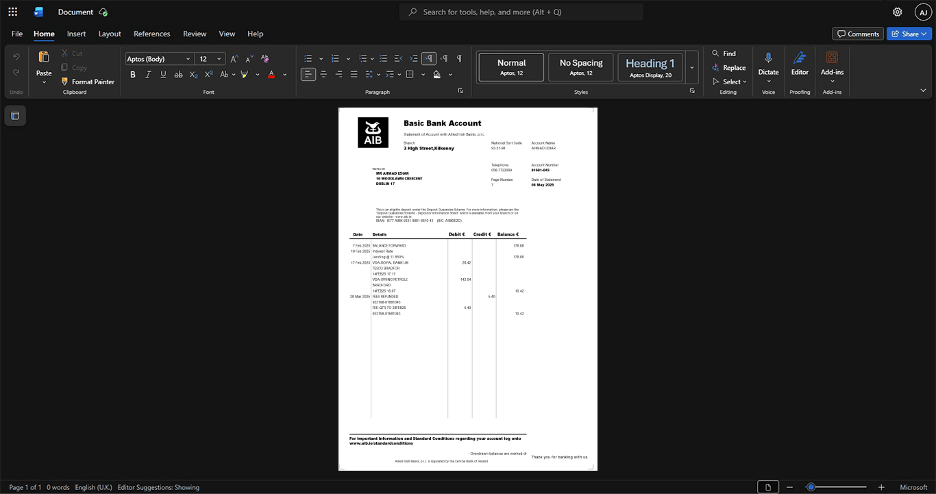 Ireland Allied Irish Banks AIB Bank Statement Template, Ready to print in Word and PDF format