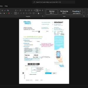 Ireland Electric Ireland Electricity Bill Template, printable document in Word and PDF format