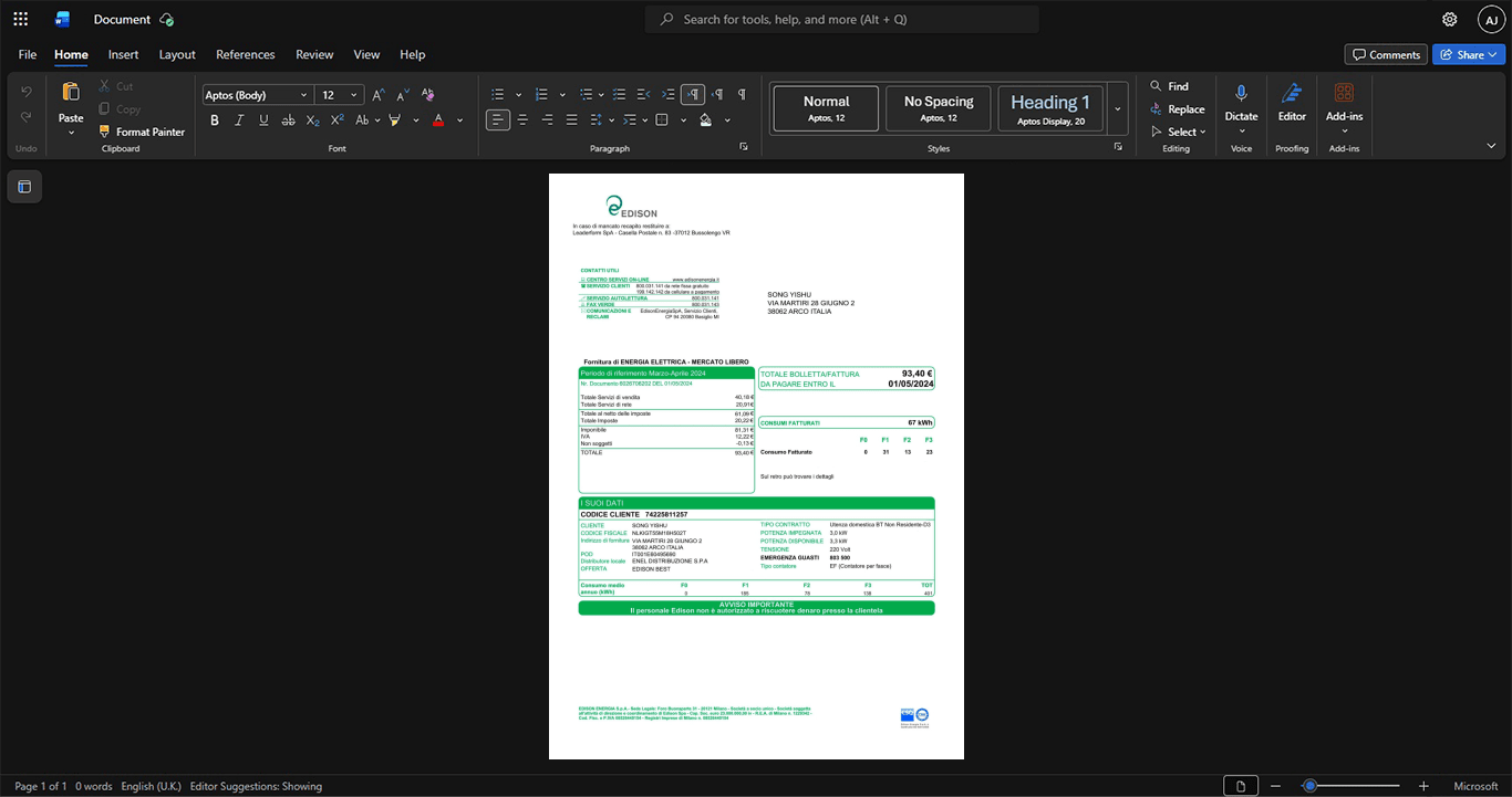 Italy Edison S p A Electricity Bill Template, Blank template in Word and PDF format