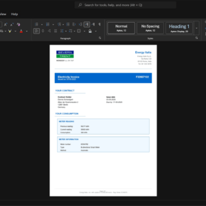 Italy Energy Italia Electricity Bill Template, High-quality template in Word and PDF format