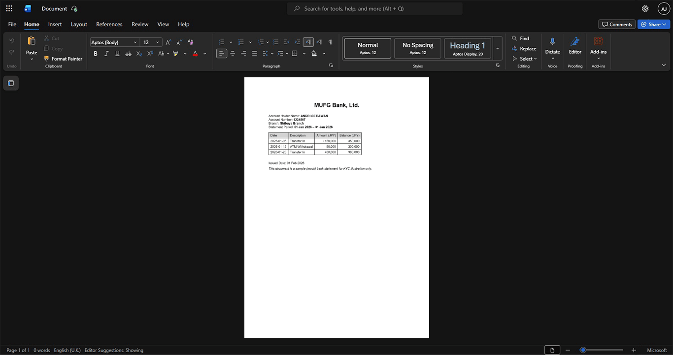 Japan MUFG Bank Ltd Bank Statement Template, Standard printable layout in Word and PDF