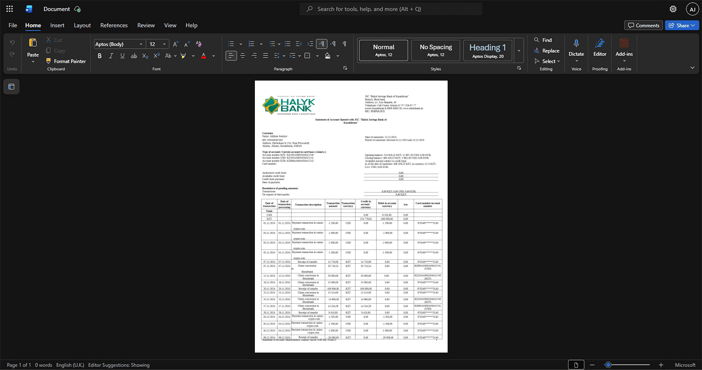 Kazakhstan Halyk Bank Credit Card Statement Template, Easily modifiable Word and PDF format