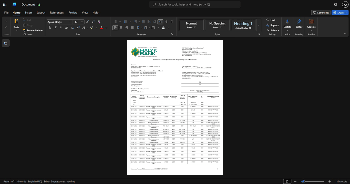 Kazakhstan JSC Halyk Savings Bank of Kazakhstan Bank Statement Template, Available in editable Word and PDF format