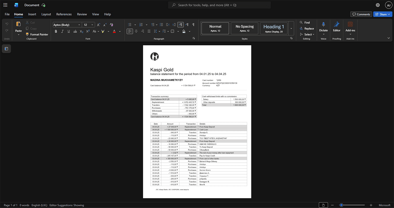Kazakhstan Kaspi Bank Bank Statement Template, Blank template in Word and PDF format