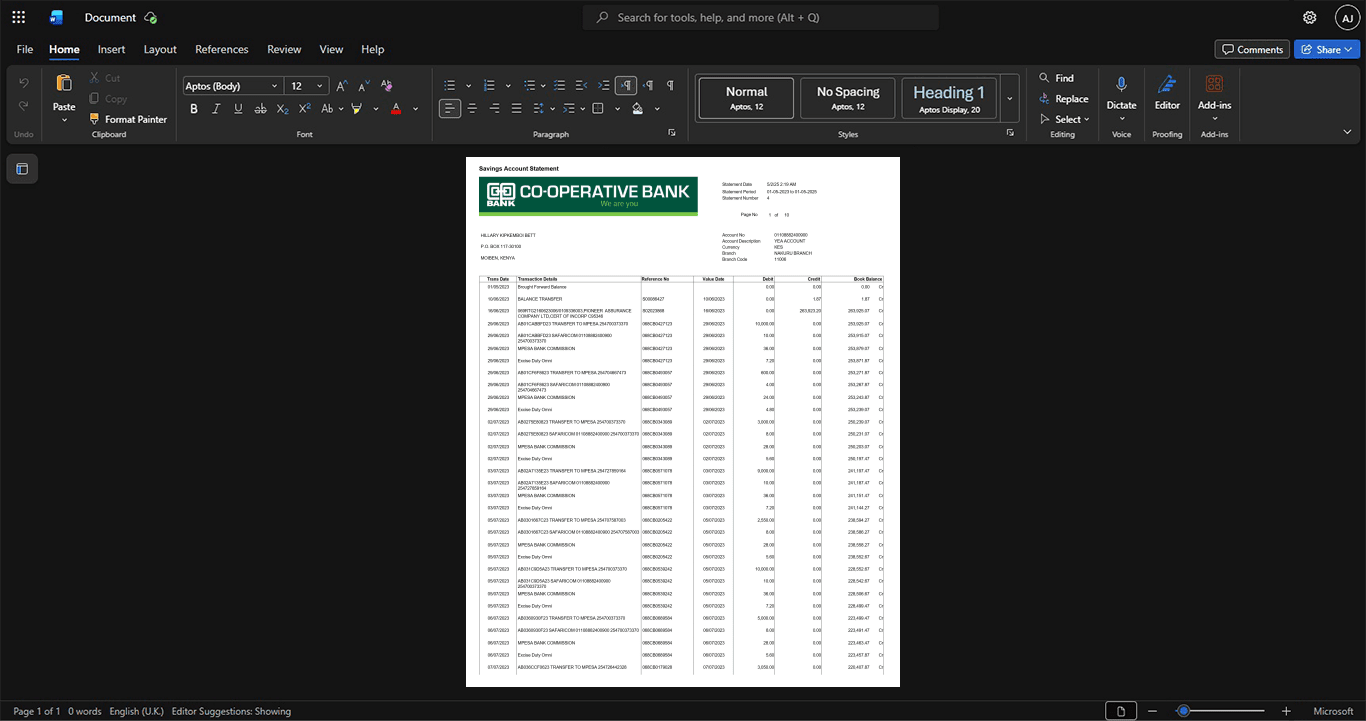 Kenya Cooperative Bank of Kenya Bank Statement Template, Ready to use template in Word and PDF