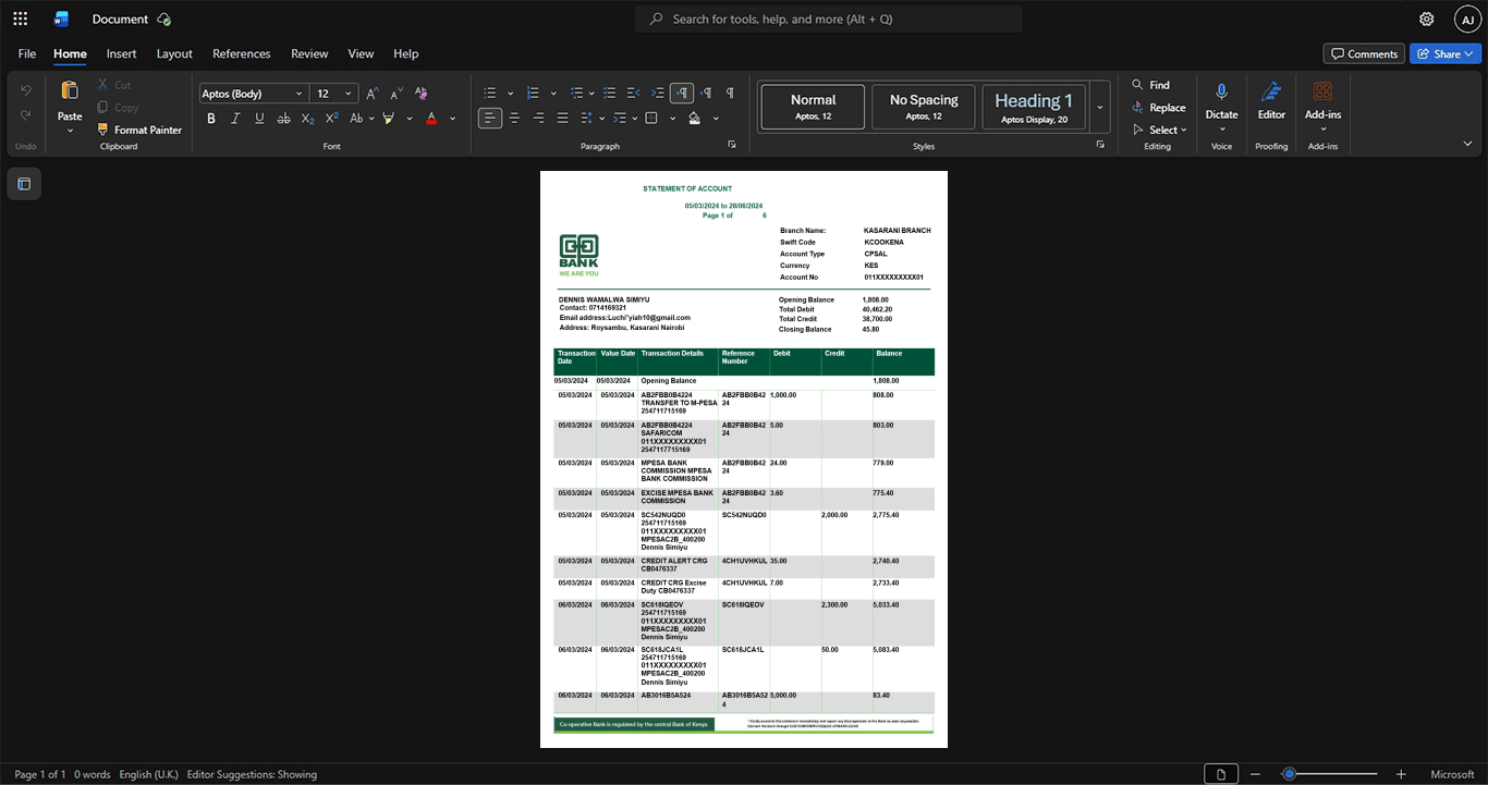 Kenya Cooperative Bank of Kenya Bank Statement Template, Quick edit digital asset in Word and PDF