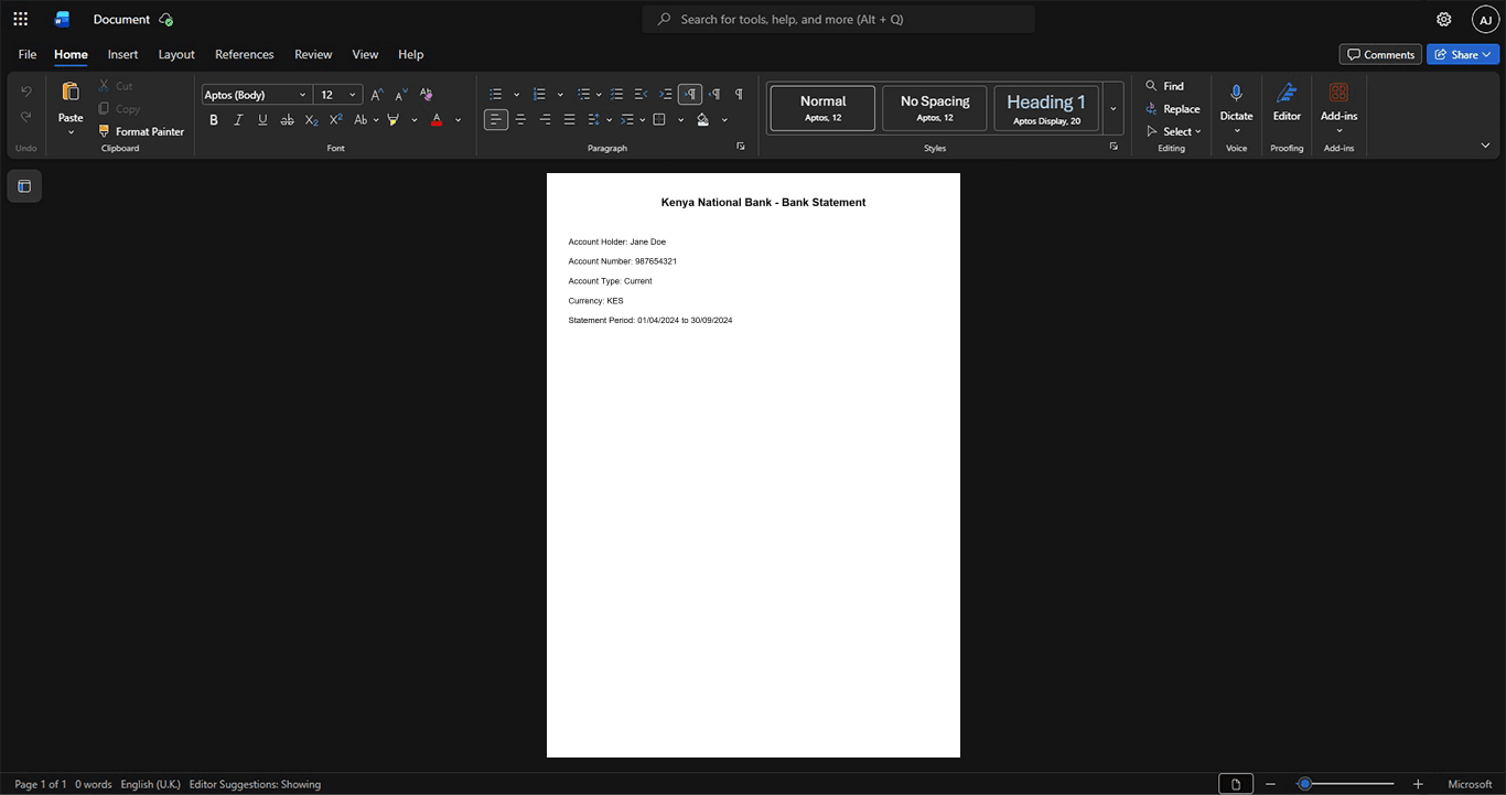 Kenya Equity Bank Bank Statement Template, Ready to print in Word and PDF format