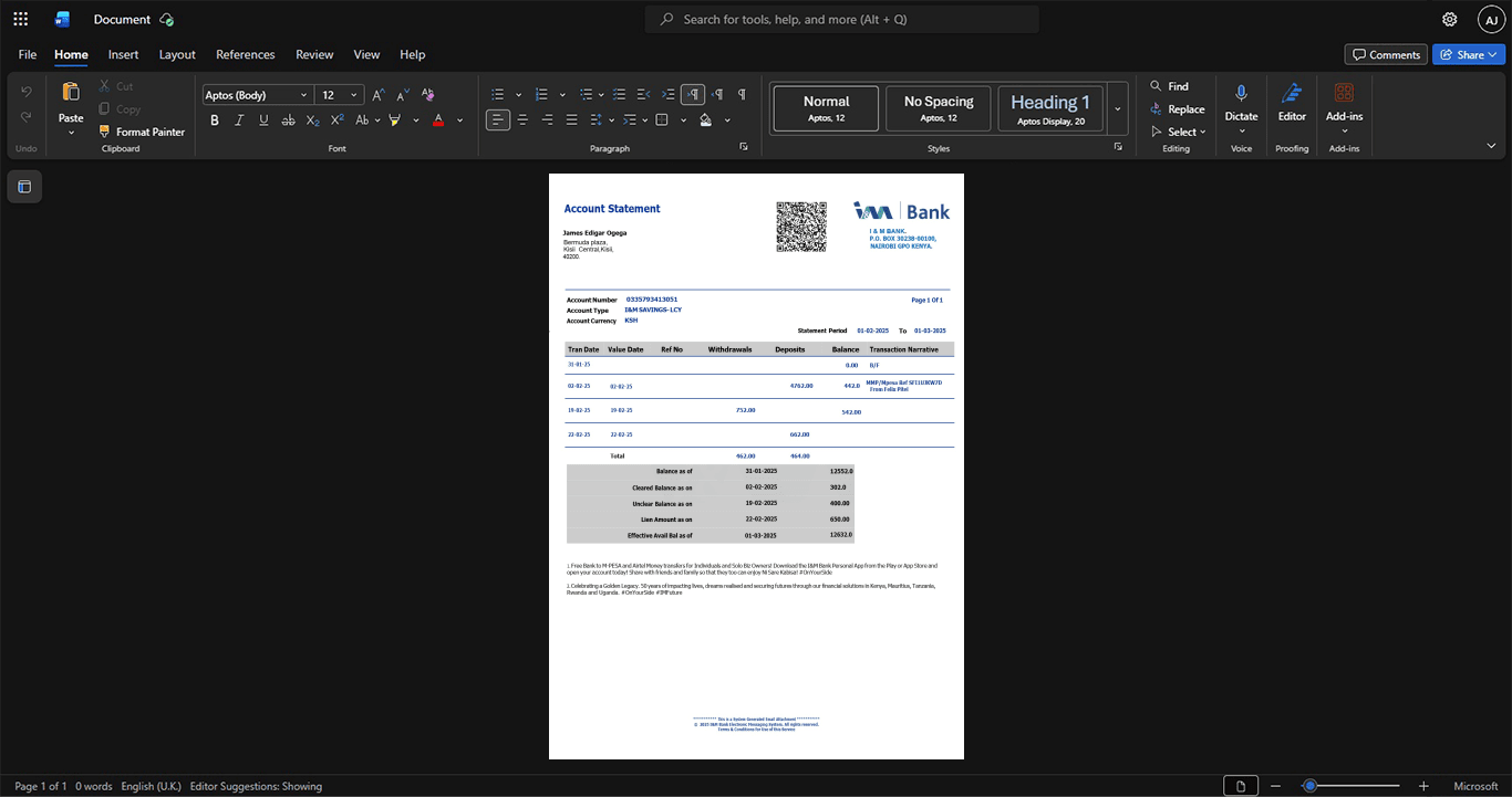 Kenya I M Bank Bank Statement Template, Available in editable Word and PDF format