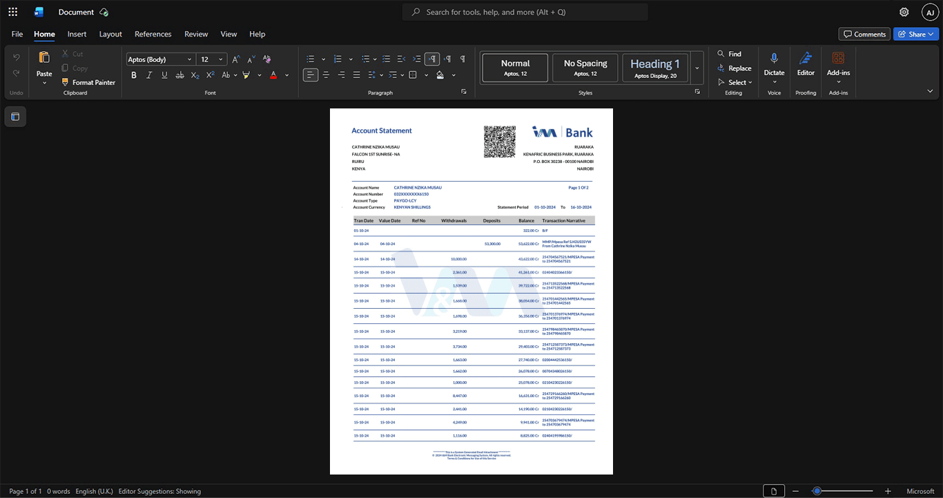 Kenya IM Bank Bank Statement Template, High-quality template in Word and PDF format