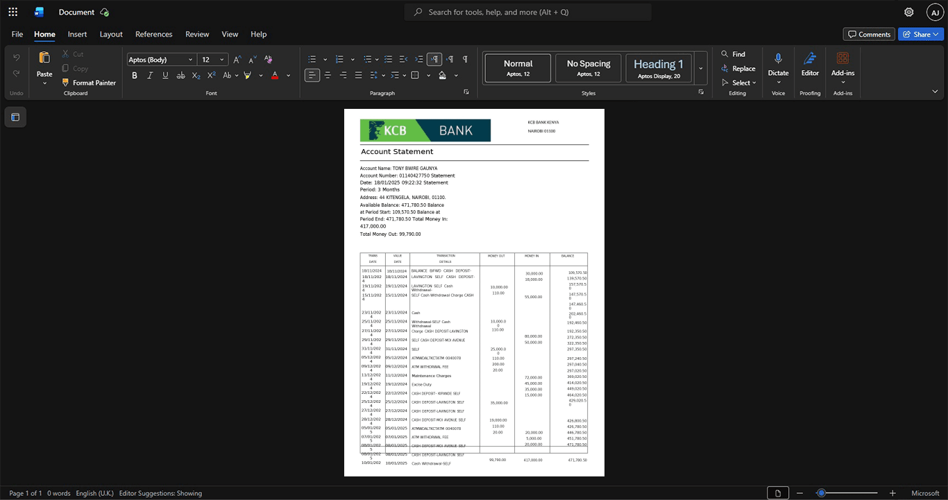 Kenya KCB Bank Kenya Bank Statement Template, Customizable document in Word and PDF format