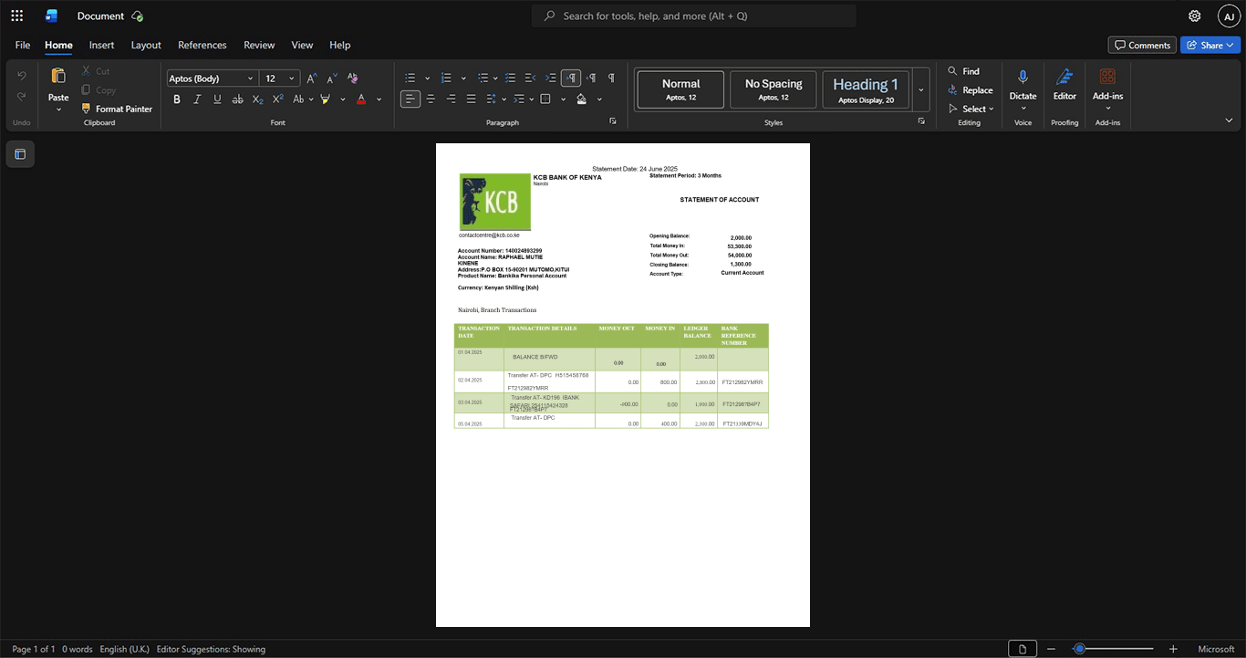 Kenya Kenya Commercial Bank KCB Bank Statement Template, Ready to use template in Word and PDF