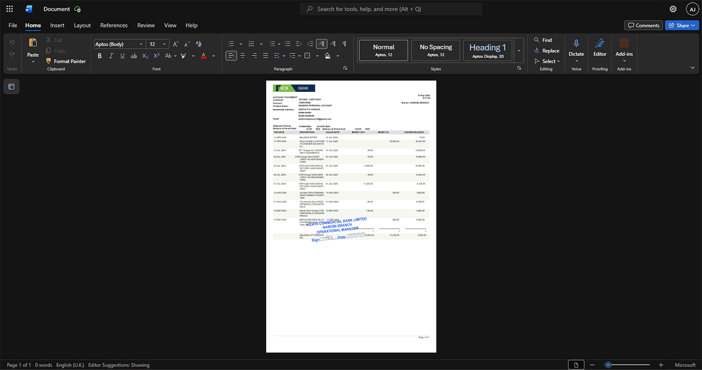 Kenya Kenya Commercial Bank KCB Bank Statement Template, Blank template in Word and PDF format