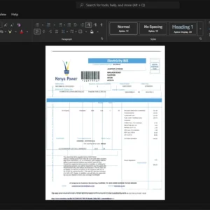 Kenya Kenya Power and Lighting Company Electricity Bill Template, Standard layout in DOCX and PDF