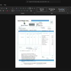 Kenya Kenya Power and Lighting Company KPLC Electricity Bill Template, Quick edit template in Word and PDF format