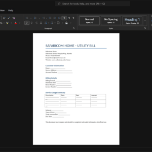 Kenya Safaricom Generic Utility Bill Template, Standard printable layout in Word and PDF