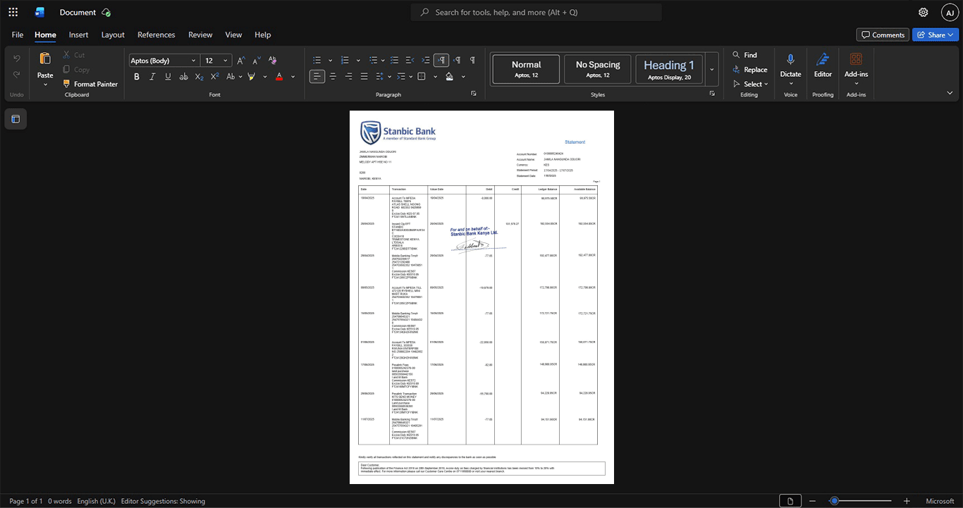 Kenya Stanbic Bank Bank Statement Template, Blank template in Word and PDF format