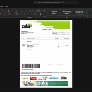 Kenya Zuku Generic Utility Bill Template, High-quality template in Word and PDF format