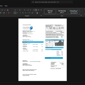 Kuwait Ministry of Electricity and Water Electricity Bill Template, High-quality design in Word and PDF format