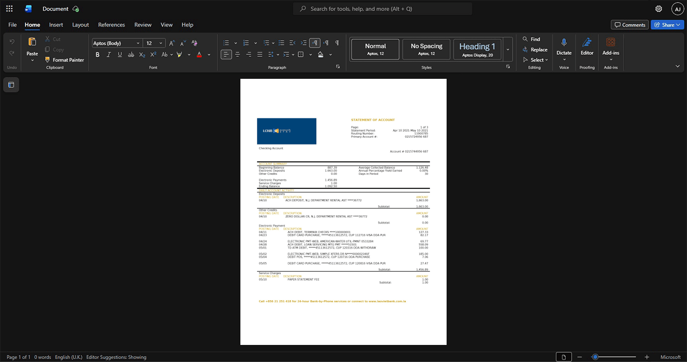 Laos LCNB Bank Bank Statement Template, Quick edit template in Word and PDF format