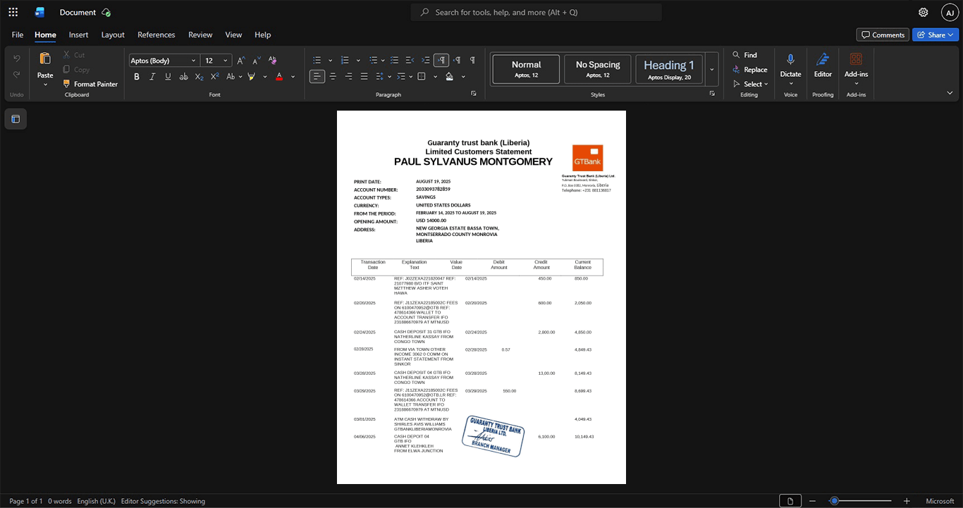 Liberia Guaranty Trust Bank Bank Statement Template, Customizable document in Word and PDF format