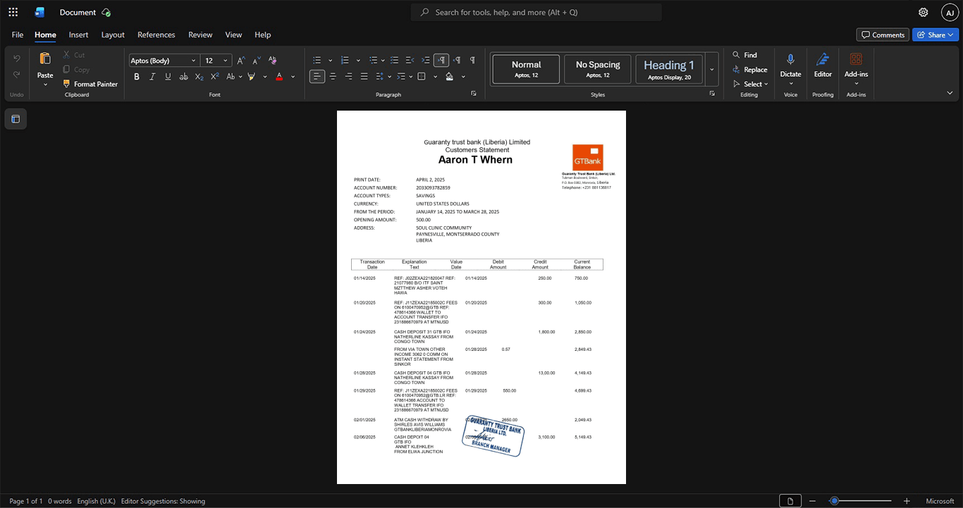 Liberia Guaranty Trust Bank Liberia Limited Bank Statement Template, Clean typography design in Word and PDF format