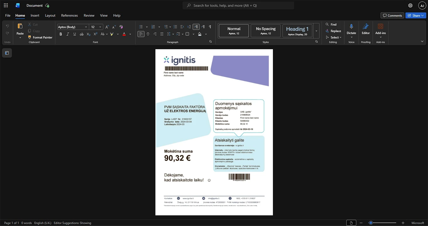 Lithuania Ignitis Group Electricity Bill Template, High-quality template in Word and PDF format