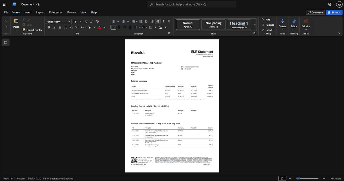 Lithuania Revolut Bank Bank Statement Template, Standard printable layout in Word and PDF