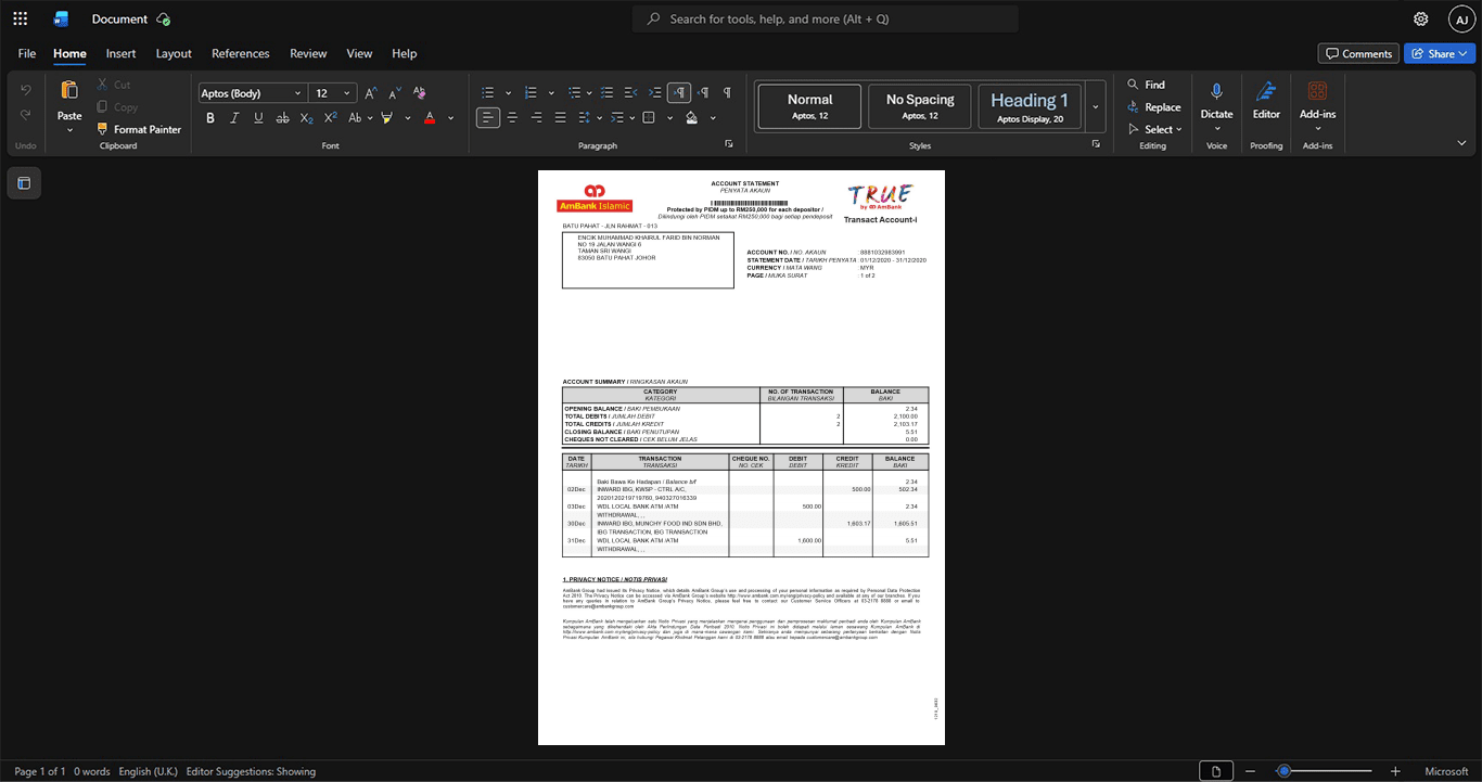 Malaysia AmBank Bank Statement Template, Blank template in Word and PDF format