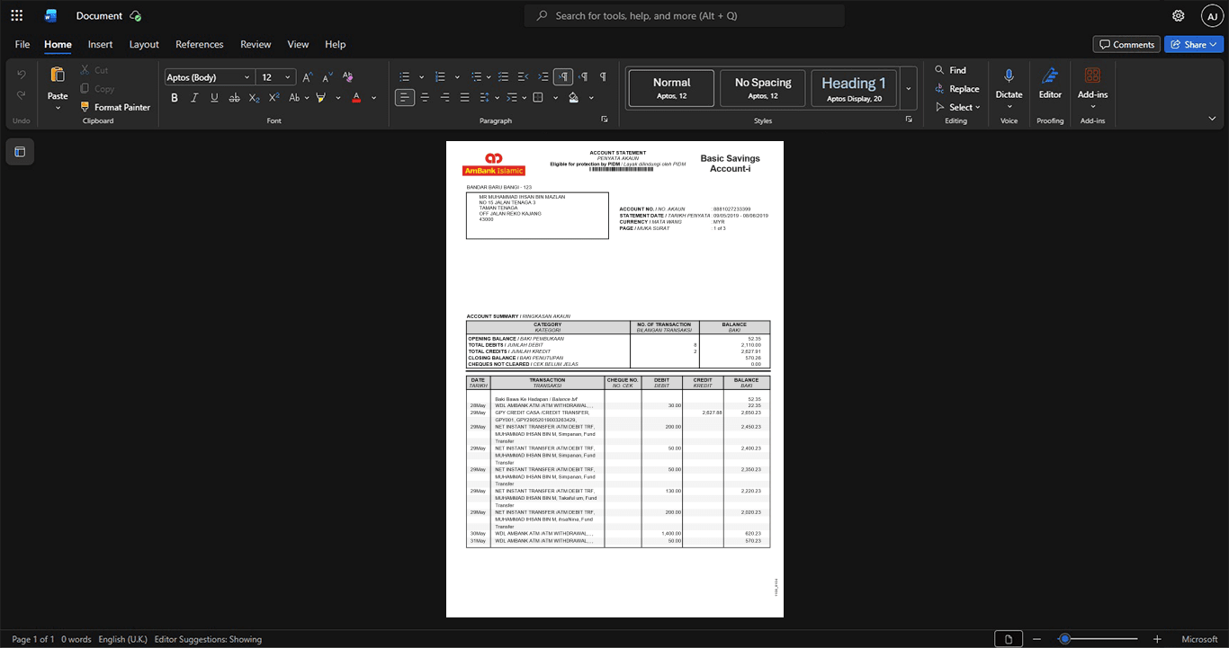 Malaysia AmBank Bank Statement Template, Standard layout in DOCX and PDF