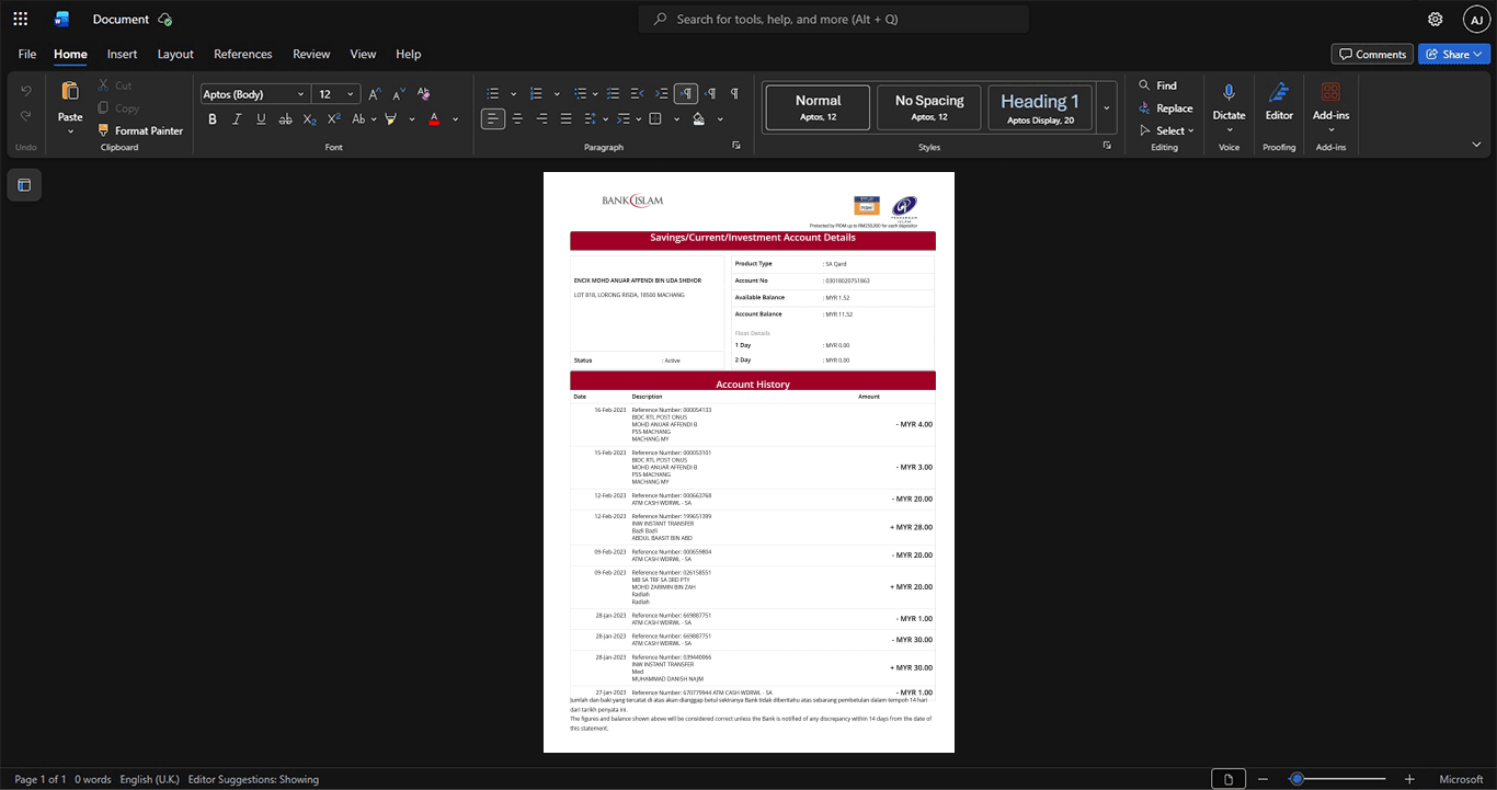 Malaysia Bank Islam Bank Statement Template, High-quality design in Word and PDF format