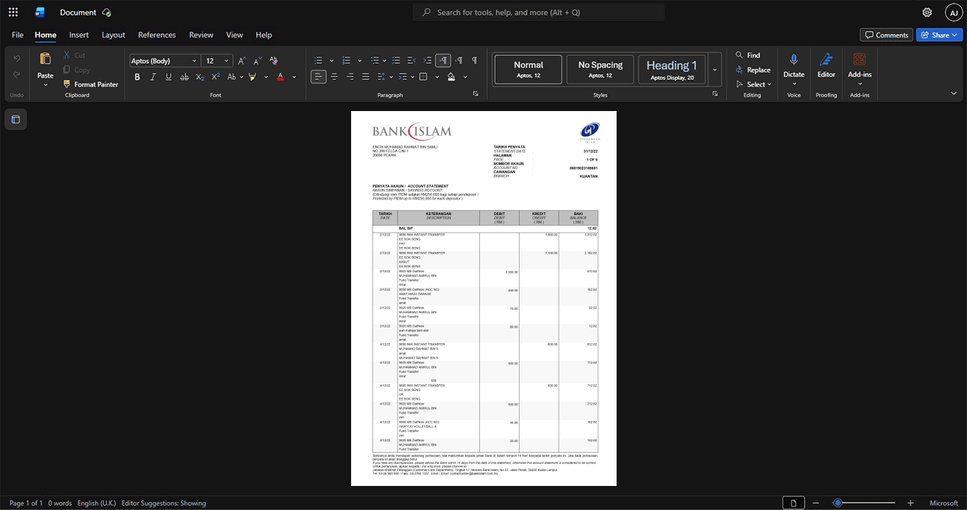 Malaysia Bank Islam Malaysia Berhad Bank Statement Template, Digital download file preview