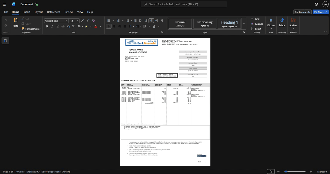 Malaysia Bank Rakyat Bank Statement Template, Customizable layout available in Word and PDF