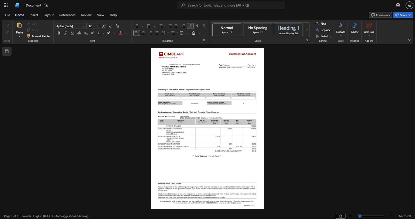 Malaysia CIMB Bank Berhad Bank Statement Template, Customizable document in Word and PDF format